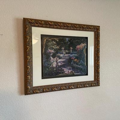 FRAMED GARDEN SCENE PICTURE AND 2 FRAMED FLORAL PICTURES