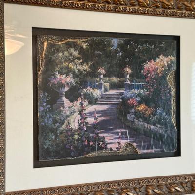 FRAMED GARDEN SCENE PICTURE AND 2 FRAMED FLORAL PICTURES