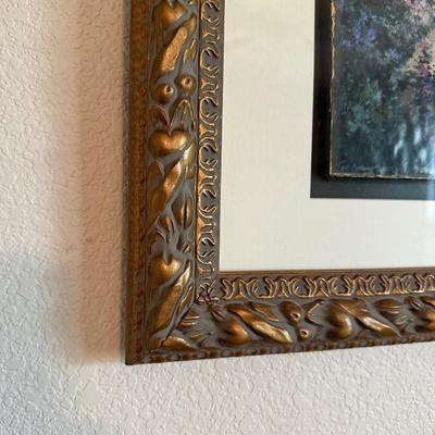 FRAMED GARDEN SCENE PICTURE AND 2 FRAMED FLORAL PICTURES