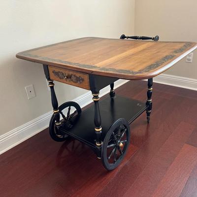 Ethan Allen Drop-Leaf Tea Cart with Floral Inlay