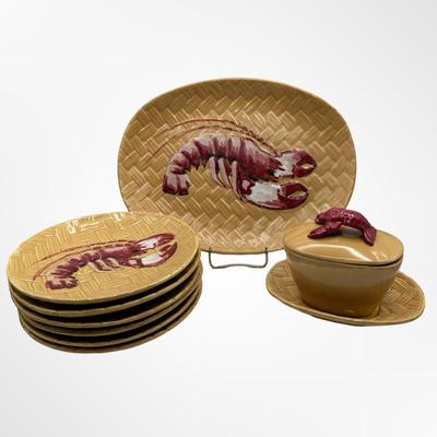 Lobster Ceramic Serving Set – Platter, 6 Plates & Covered Dish