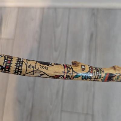 Signed Hand Painted Wooden Walking Stick
