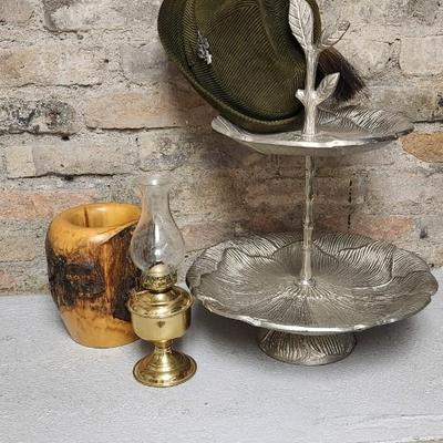 Sale Photo Thumbnail #88: Fantastic 2 Tiered Pewter Tidbit (comes apart for easy storage), Sweet old Corduroy Fedora styled with German pins, a sweet little brass oil lamp with glass chimney and that fabulous Mango Wood holder