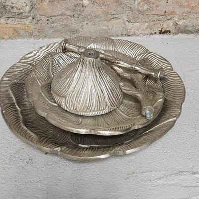 Sale Photo Thumbnail #96: Fantastic 2 Tiered Pewter Tidbit (comes apart for easy storage), Sweet old Corduroy Fedora styled with German pins, a sweet little brass oil lamp with glass chimney and that fabulous Mango Wood holder