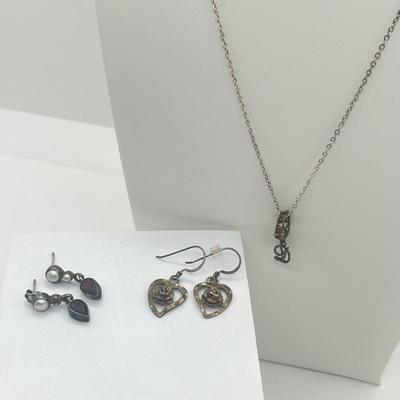 LOT 150J: Sterling Necklace with "D" Pendant and Two Pair Sterling Pierced Earrings - 7.4 GTW - 20" Chain
