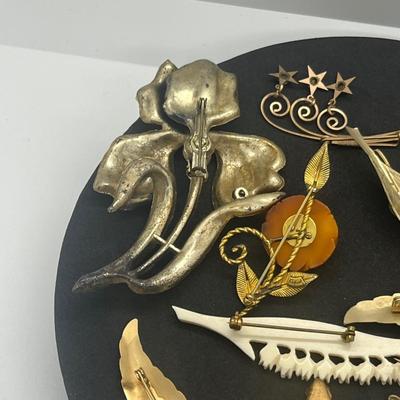 LOT 159J: 12K Gold Filled Rose Pin, Opal Leaf Pin, Wirework Pin and More!