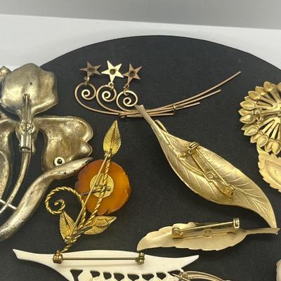 LOT 159J: 12K Gold Filled Rose Pin, Opal Leaf Pin, Wirework Pin and More!