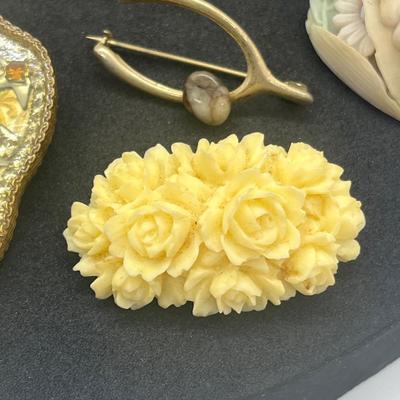 LOT 159J: 12K Gold Filled Rose Pin, Opal Leaf Pin, Wirework Pin and More!