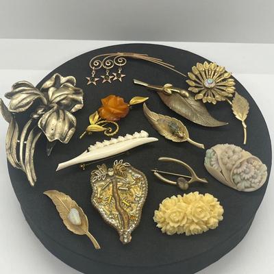 LOT 159J: 12K Gold Filled Rose Pin, Opal Leaf Pin, Wirework Pin and More!