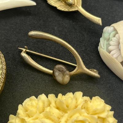 LOT 159J: 12K Gold Filled Rose Pin, Opal Leaf Pin, Wirework Pin and More!