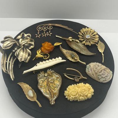 LOT 159J: 12K Gold Filled Rose Pin, Opal Leaf Pin, Wirework Pin and More!
