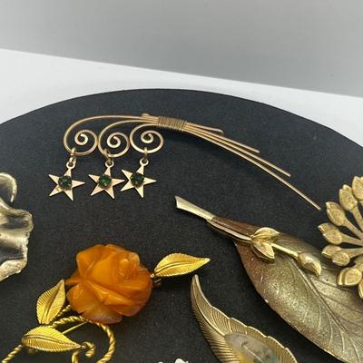 LOT 159J: 12K Gold Filled Rose Pin, Opal Leaf Pin, Wirework Pin and More!