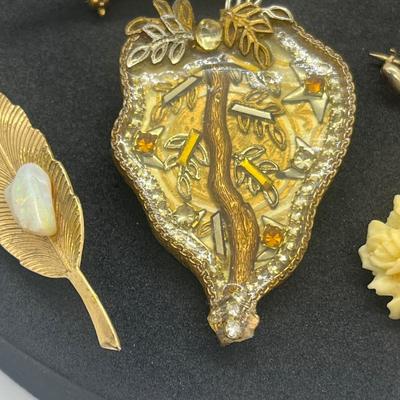 LOT 159J: 12K Gold Filled Rose Pin, Opal Leaf Pin, Wirework Pin and More!