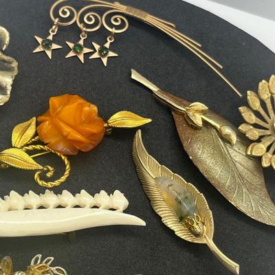 LOT 159J: 12K Gold Filled Rose Pin, Opal Leaf Pin, Wirework Pin and More!