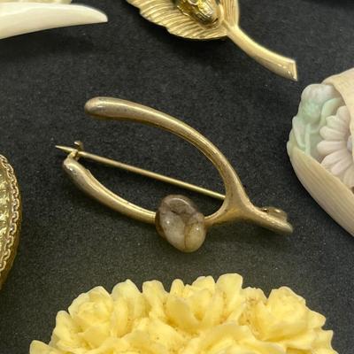 LOT 159J: 12K Gold Filled Rose Pin, Opal Leaf Pin, Wirework Pin and More!