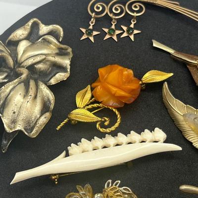 LOT 159J: 12K Gold Filled Rose Pin, Opal Leaf Pin, Wirework Pin and More!