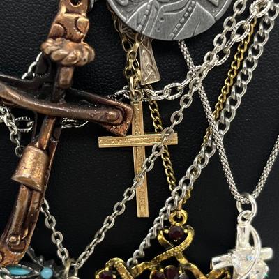LOT 163J: Collection of Crosses and Other Religious Pendants With Some on Assorted Chains