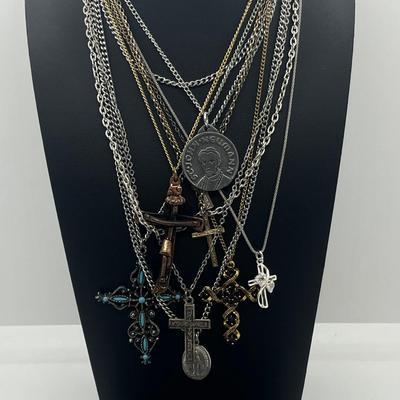 LOT 163J: Collection of Crosses and Other Religious Pendants With Some on Assorted Chains