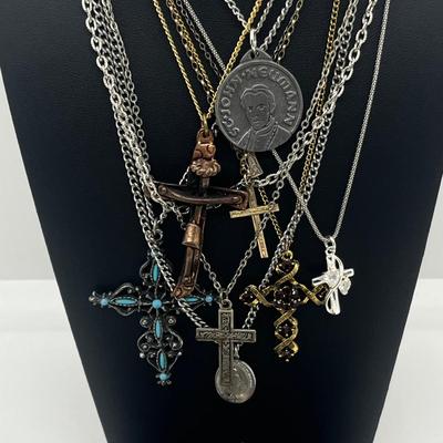 LOT 163J: Collection of Crosses and Other Religious Pendants With Some on Assorted Chains