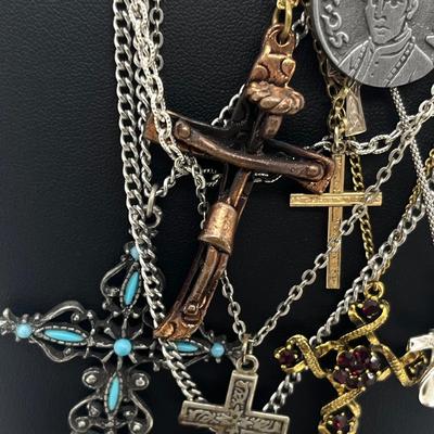 LOT 163J: Collection of Crosses and Other Religious Pendants With Some on Assorted Chains