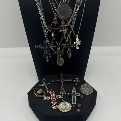 LOT 163J: Collection of Crosses and Other Religious Pendants With Some on Assorted Chains