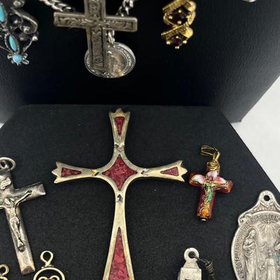 LOT 163J: Collection of Crosses and Other Religious Pendants With Some on Assorted Chains