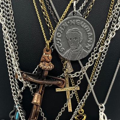 LOT 163J: Collection of Crosses and Other Religious Pendants With Some on Assorted Chains
