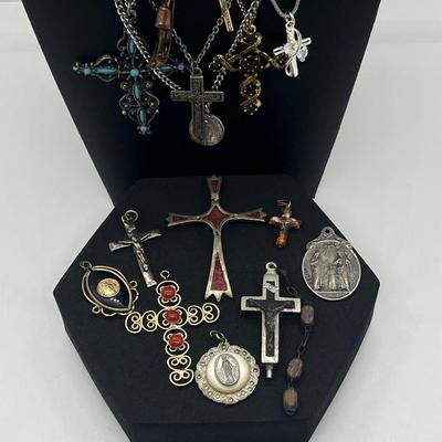 LOT 163J: Collection of Crosses and Other Religious Pendants With Some on Assorted Chains