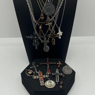 LOT 163J: Collection of Crosses and Other Religious Pendants With Some on Assorted Chains