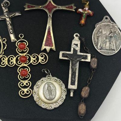 LOT 163J: Collection of Crosses and Other Religious Pendants With Some on Assorted Chains