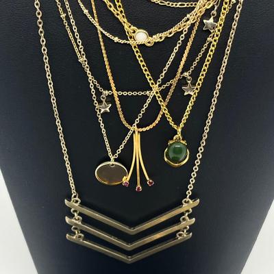 LOT 169J: Assorted Goldtone Necklaces PLUS Two Bow Pins: Avon and More!