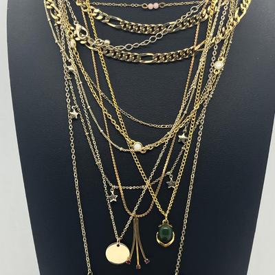 LOT 169J: Assorted Goldtone Necklaces PLUS Two Bow Pins: Avon and More!