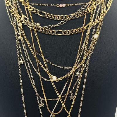 LOT 169J: Assorted Goldtone Necklaces PLUS Two Bow Pins: Avon and More!