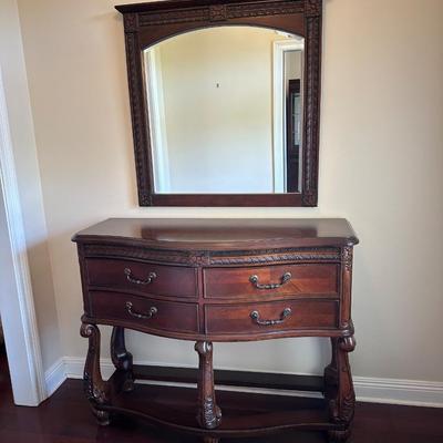Carved Cherry Finish Console Table with Mirror