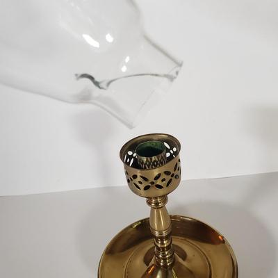 LOT 154D: St George Crystal Hurricane in Box, EAPG Glass Vase, Cut Crystal Dish & Brass/Glass Hurricane Candle Holder