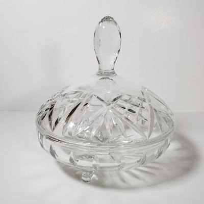 LOT 154D: St George Crystal Hurricane in Box, EAPG Glass Vase, Cut Crystal Dish & Brass/Glass Hurricane Candle Holder
