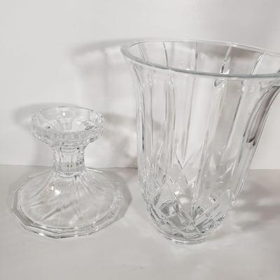 LOT 154D: St George Crystal Hurricane in Box, EAPG Glass Vase, Cut Crystal Dish & Brass/Glass Hurricane Candle Holder