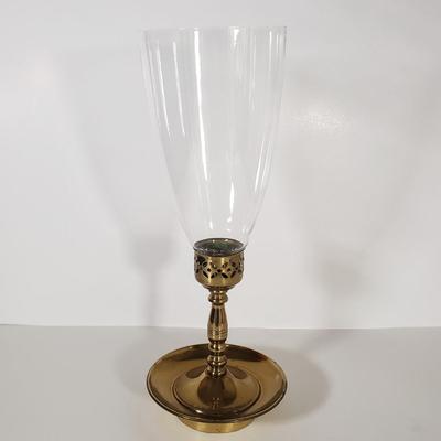 LOT 154D: St George Crystal Hurricane in Box, EAPG Glass Vase, Cut Crystal Dish & Brass/Glass Hurricane Candle Holder