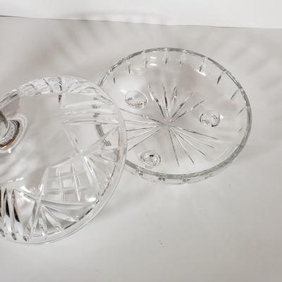 LOT 154D: St George Crystal Hurricane in Box, EAPG Glass Vase, Cut Crystal Dish & Brass/Glass Hurricane Candle Holder
