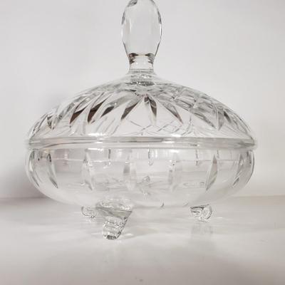 LOT 154D: St George Crystal Hurricane in Box, EAPG Glass Vase, Cut Crystal Dish & Brass/Glass Hurricane Candle Holder