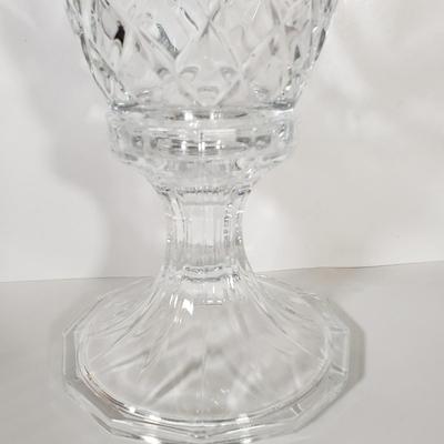 LOT 154D: St George Crystal Hurricane in Box, EAPG Glass Vase, Cut Crystal Dish & Brass/Glass Hurricane Candle Holder