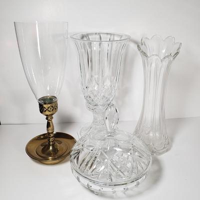 LOT 154D: St George Crystal Hurricane in Box, EAPG Glass Vase, Cut Crystal Dish & Brass/Glass Hurricane Candle Holder
