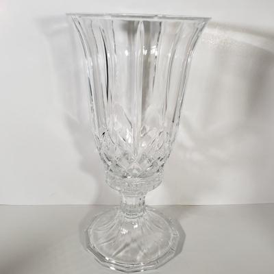 LOT 154D: St George Crystal Hurricane in Box, EAPG Glass Vase, Cut Crystal Dish & Brass/Glass Hurricane Candle Holder