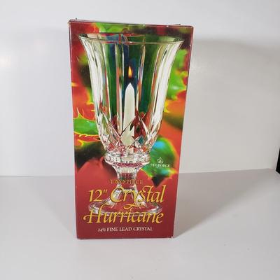 LOT 154D: St George Crystal Hurricane in Box, EAPG Glass Vase, Cut Crystal Dish & Brass/Glass Hurricane Candle Holder