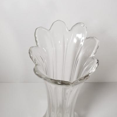 LOT 154D: St George Crystal Hurricane in Box, EAPG Glass Vase, Cut Crystal Dish & Brass/Glass Hurricane Candle Holder