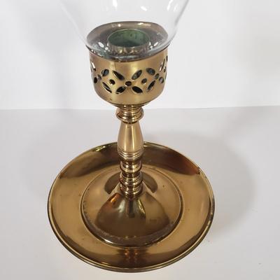 LOT 154D: St George Crystal Hurricane in Box, EAPG Glass Vase, Cut Crystal Dish & Brass/Glass Hurricane Candle Holder