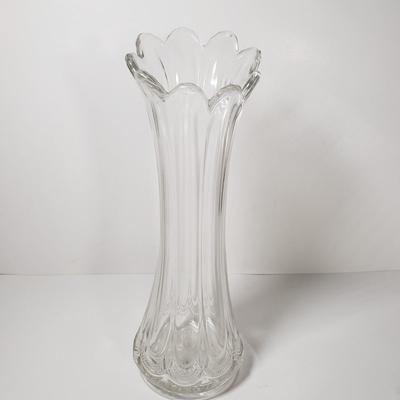 LOT 154D: St George Crystal Hurricane in Box, EAPG Glass Vase, Cut Crystal Dish & Brass/Glass Hurricane Candle Holder