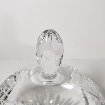 LOT 154D: St George Crystal Hurricane in Box, EAPG Glass Vase, Cut Crystal Dish & Brass/Glass Hurricane Candle Holder