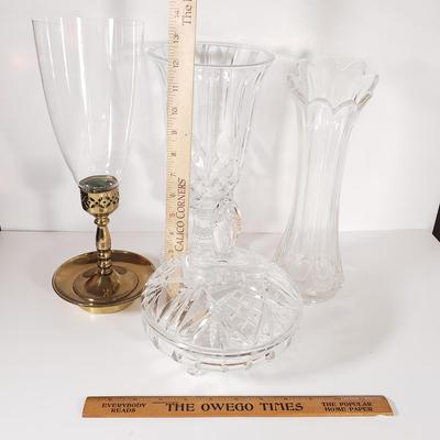 LOT 154D: St George Crystal Hurricane in Box, EAPG Glass Vase, Cut Crystal Dish & Brass/Glass Hurricane Candle Holder