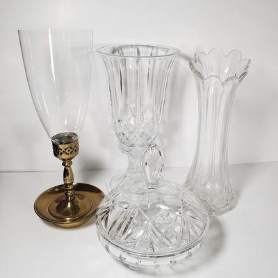 LOT 154D: St George Crystal Hurricane in Box, EAPG Glass Vase, Cut Crystal Dish & Brass/Glass Hurricane Candle Holder